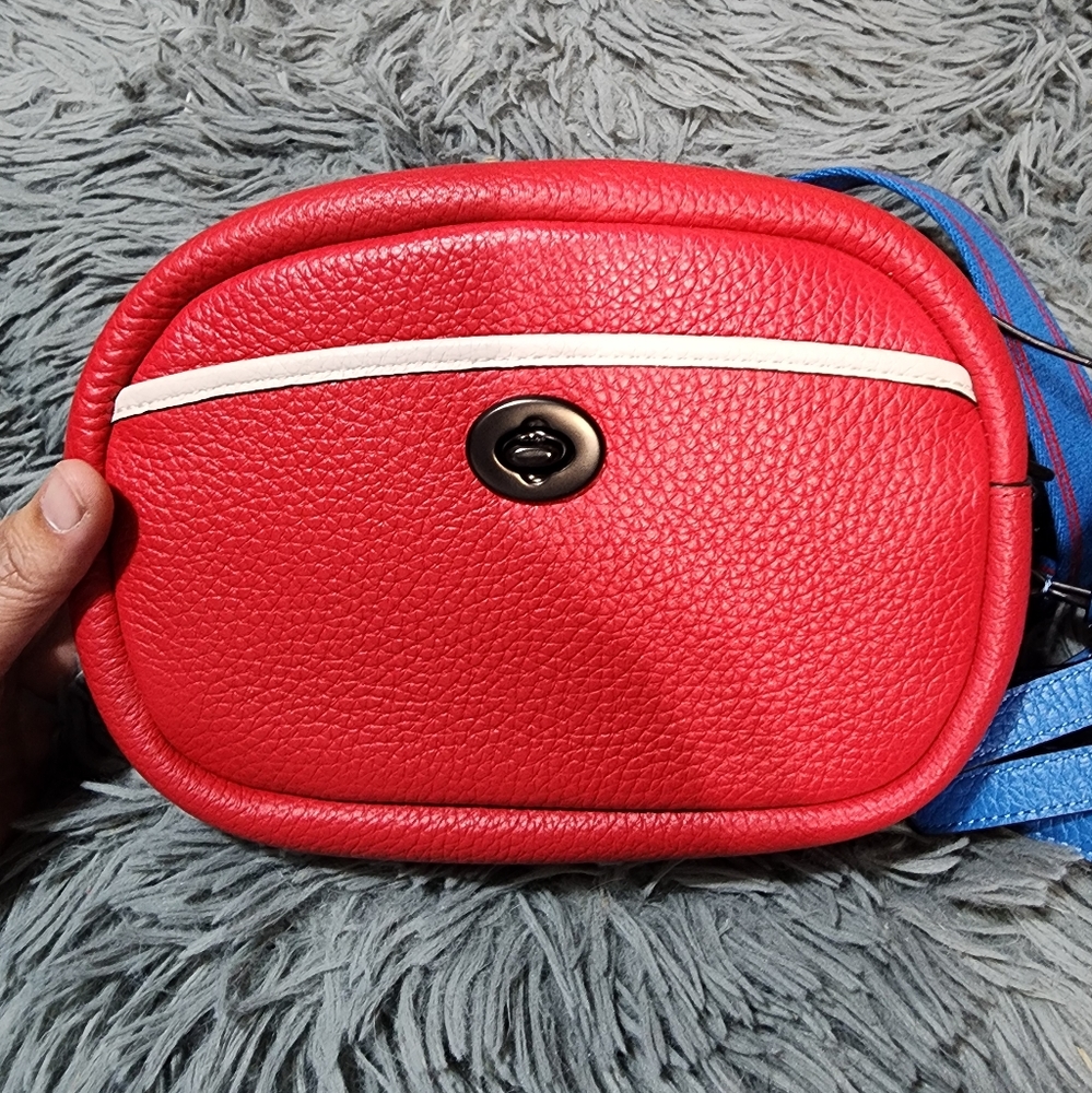 Coach Color-Block Camera Bag with Leather and Webbing Strap Candy Apple Multi On